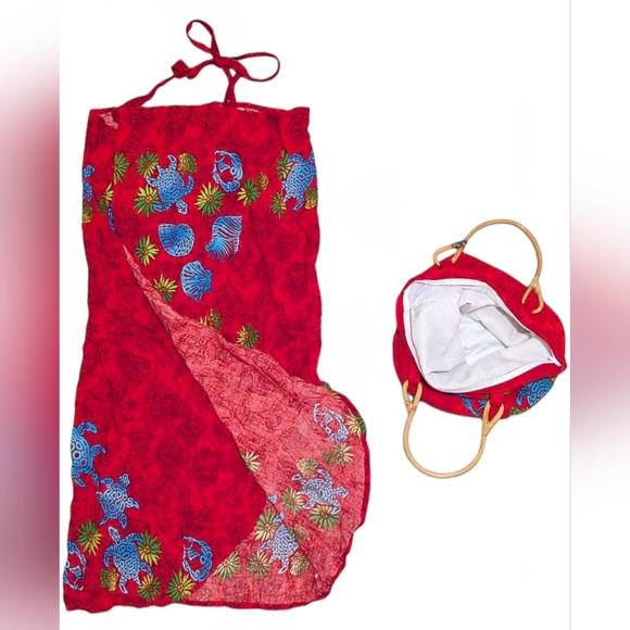 Shirin Women's Red/Blue Hawaiian Turtle Fish Tropical Muumuu Dress + Tote Set - Picture 2 of 16